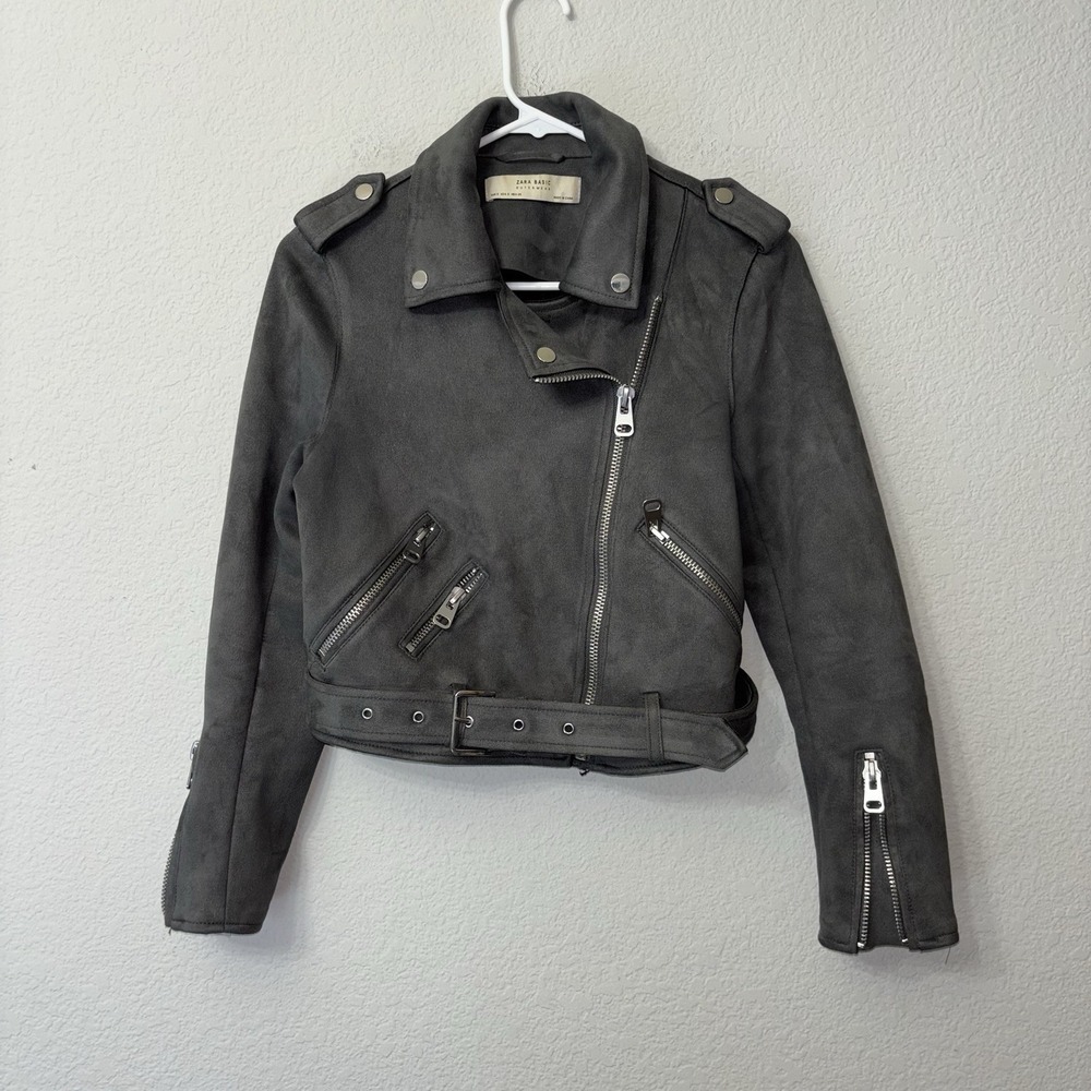 Zara Gray Faux Suede Cropped Full Zip Biker Jacket Women's Size Small S